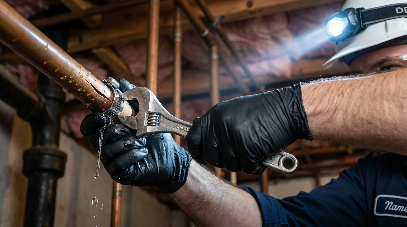 Emergency pipe clamp repair being performed by a Johns Plumbing LLC plumber in Grand Canyon