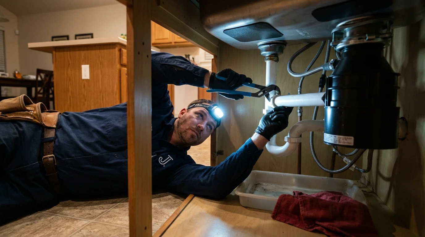 P-trap and supply line connections under a kitchen sink showing a common leak point in Grand Canyon, AZ